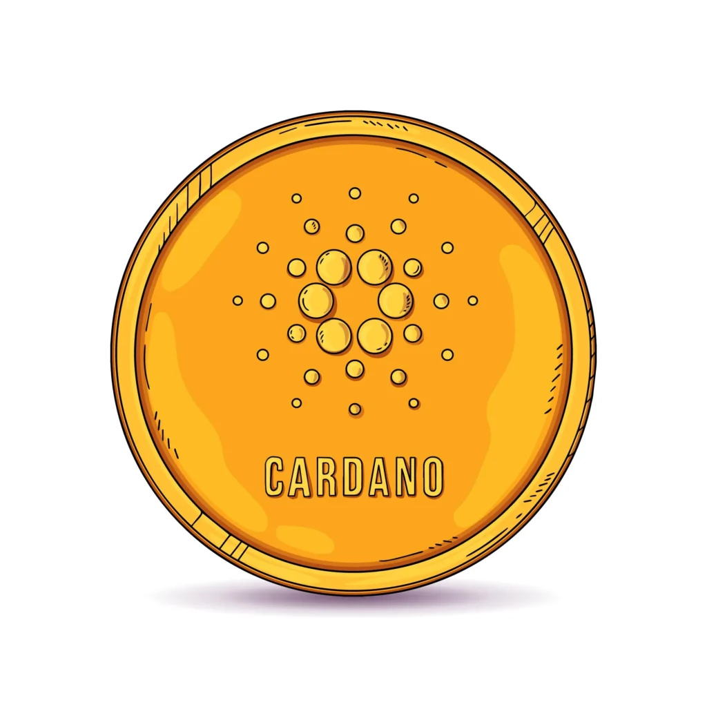 Ilustração digital da moeda Cardano (ADA) em tom dourado, representando a criptomoeda sustentável baseada em blockchain.